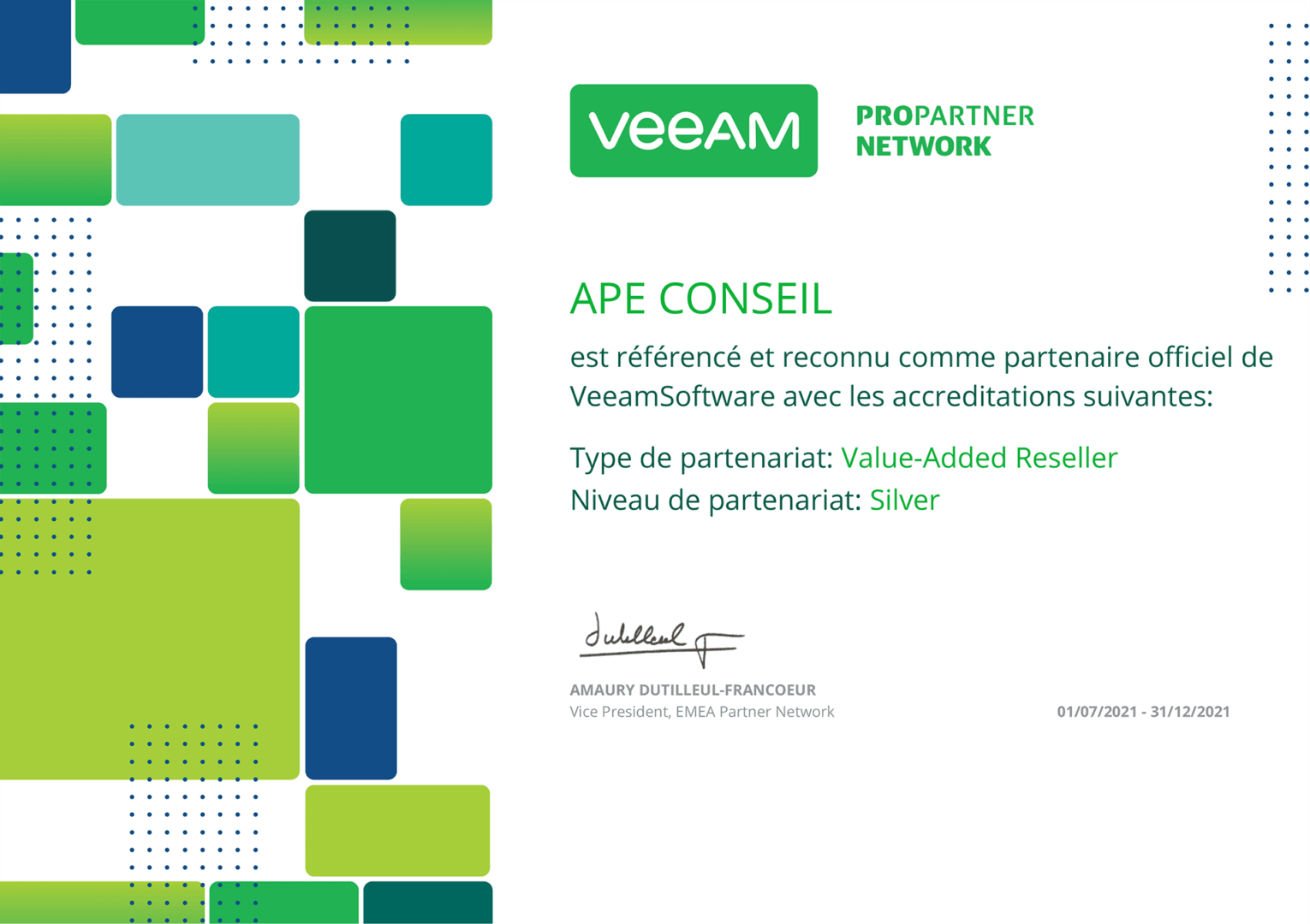 Certificat de partenariat Veeam d'APE Conseil