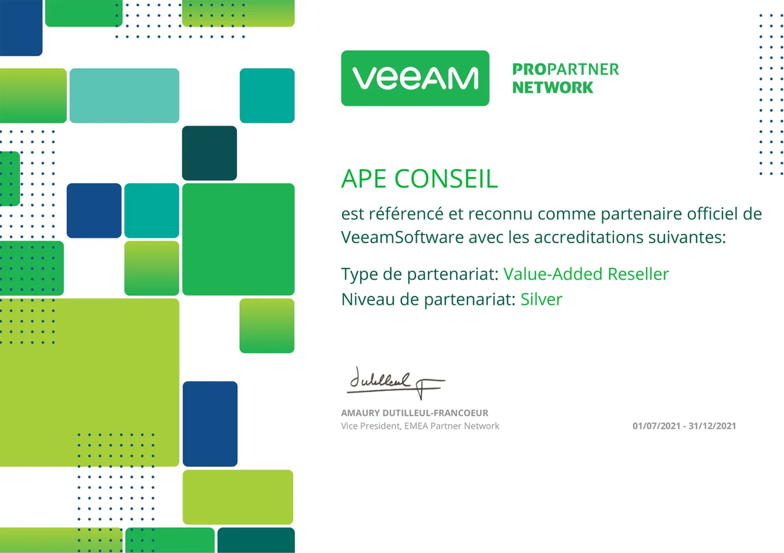 Certificat de partenariat Veeam d'APE Conseil