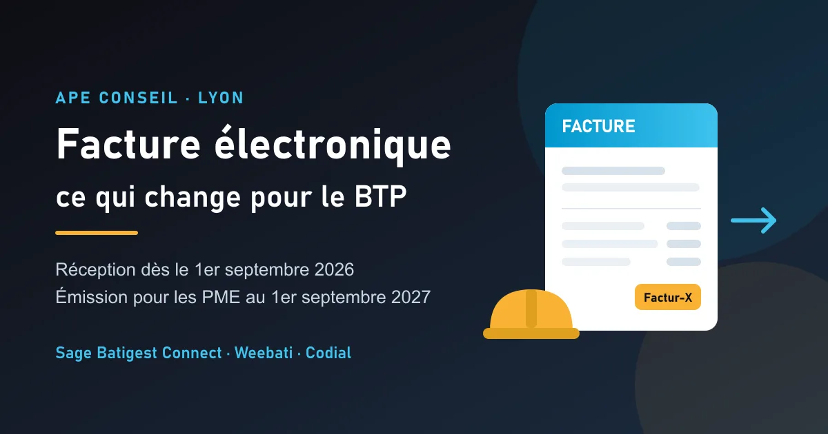 Facture électronique : réception obligatoire dès le 1er septembre 2026, émission pour les PME au 1er septembre 2027, avec Sage Batigest Connect, Weebati et Codial